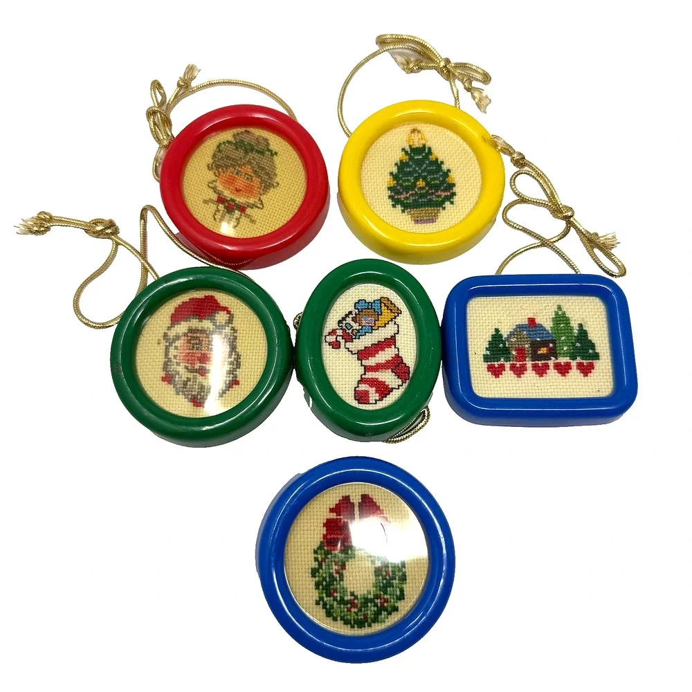 Lot of 6 Vintage Handmade Cross Stitch Christmas Ornaments Plastic Frames
